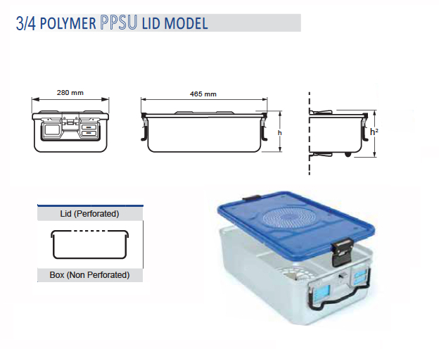 Non -drilled standard sterilization container 3/4 and perforated PPSU model lid - 465 x 280 x h mm