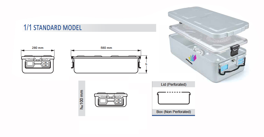 Contenedor para Esterilización No Perforado de Modelo Estándar 1/1 y Tapa Perforada - 600 x 285 x H mm