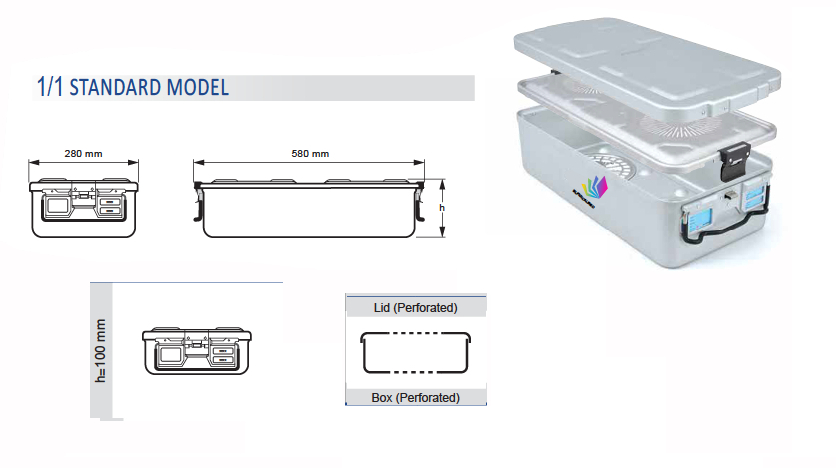Contenedor para Esterilización Perforado de Modelo Estándar 1/1 y Tapa Perforada - 600 x 285 x H mm