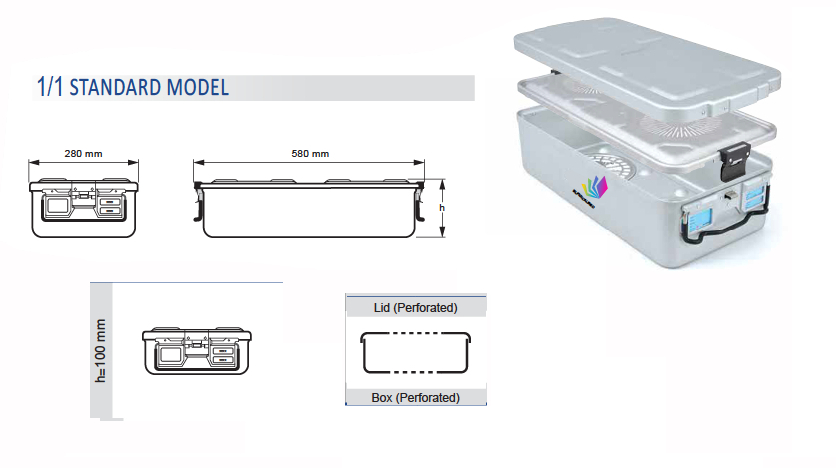 PERFORATED STANDARD MODEL Sterilization container 1/1 and perforated cover - 600 x 285 x h mm