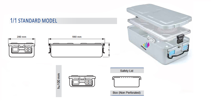 Non -drilled standard sterilization container 1/1 and security cover - 605 x 290 x h mm