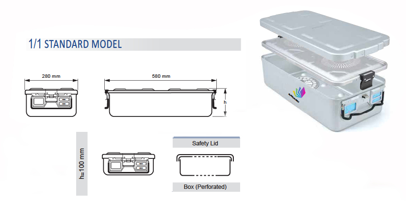 Contenedor para Esterilización Perforado de Modelo Estándar 1/1 y Tapa de Seguridad - 605 x 290 x H mm