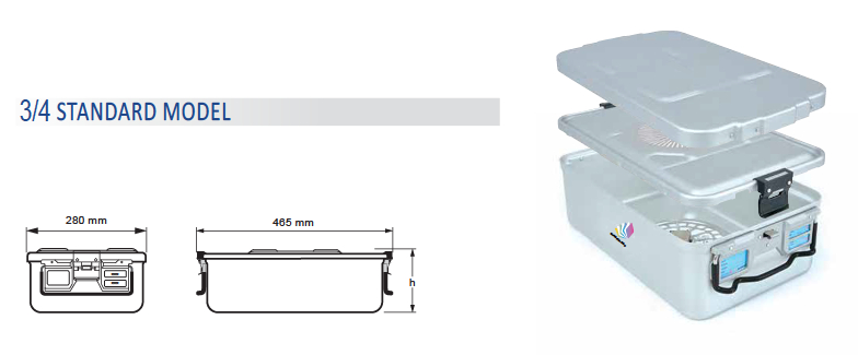 Contenedor para Esterilización No Perforado de Modelo Estándar 3/4 y Tapa de Seguridad - 480 x 290 x H mm
