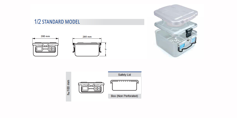 Non -drilled standard sterilization container 1/2 and safety lid - 315 x 285 x h mm