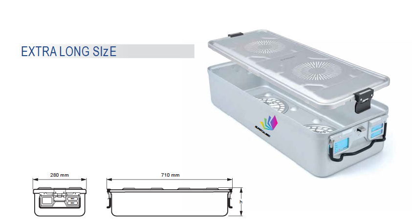 Contenedor para Esterilización No Perforado de Modelo Estándar Extra Largo y Tapa Perforada - 725 x 285 x H mm