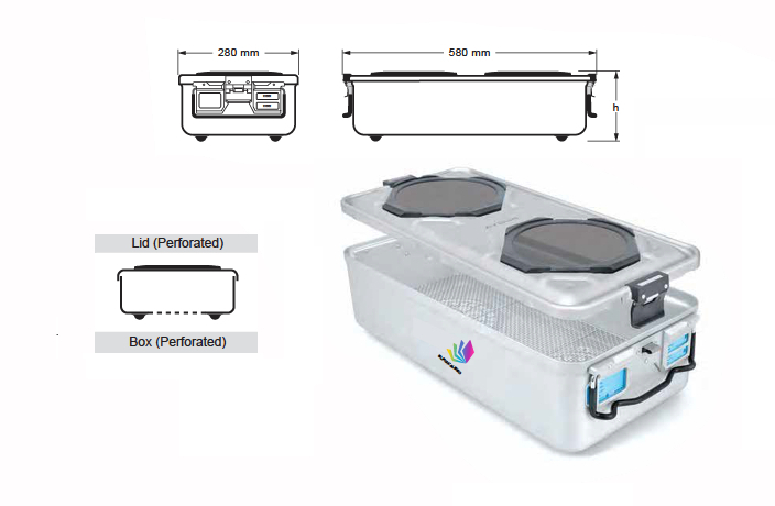 Contenedor para Esterilización Perforado de Modelo Ventana 1/1 con Base de Alambre y Tapa Perforada - 600 x 285 x H mm
