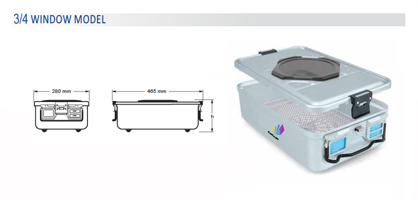 Contenedor para Esterilización Perforado de Modelo Ventana 3/4 con Base de Alambre y Tapa Perforada - 475 x 285 x H mm