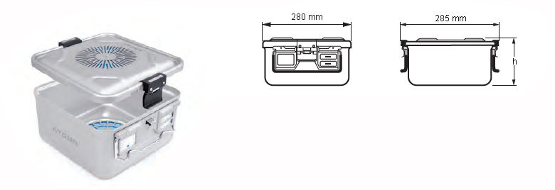 Container for perforated sterilization of Plasma 1/2 and gray perforated lid - 310 x 280 x hm mm