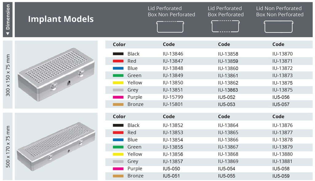 Contenedor para Esterilización No Perforado con Tapa No Perforada de Modelo Implante - L x A x 75 mm