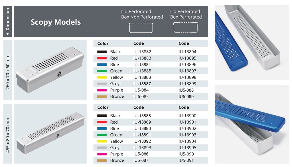 Non-Perforated Sterilization Container with Perforated Lid, Scopy Model