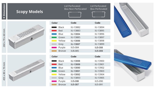 [IU-13884] Contenedor para Esterilización No Perforado con Tapa Perforada de Modelo Scopy (Azul, 260 x 70 x 60 mm)