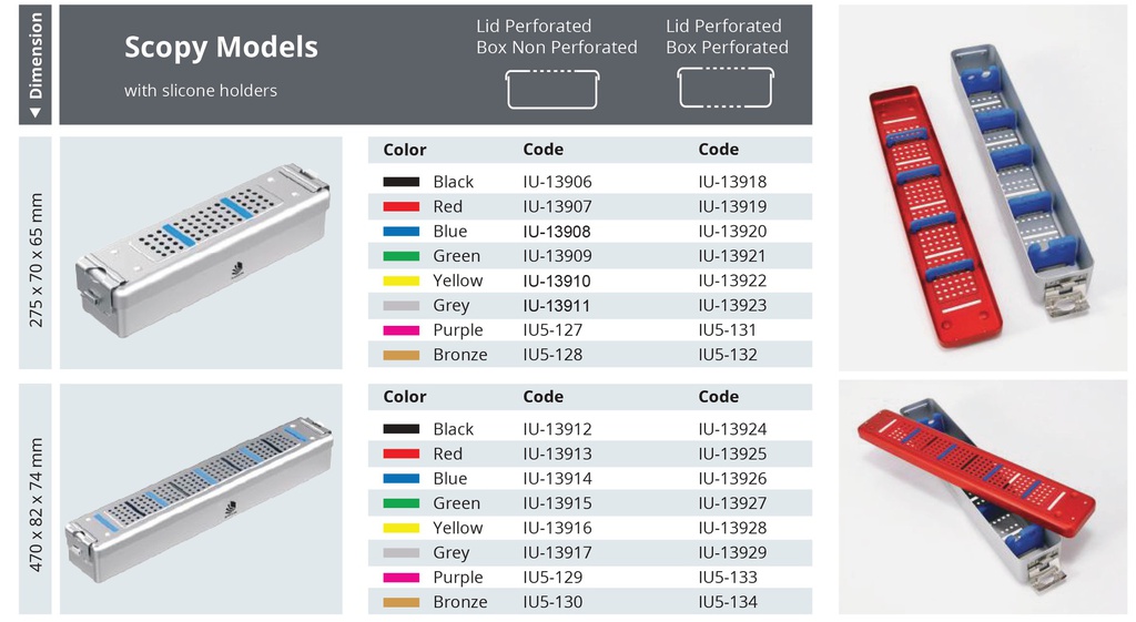 Contenidor d’esterilització perforatori amb suports de silicona i cobertura del model Scopy perforat