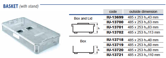 Perforated stainless steel sterilization basket with 1/1 - 491 x 259 x hm mm