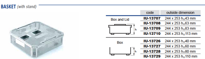 Perforated stainless steel sterilization basket with 1/2 - 250 x 259 x h mm