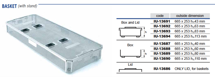 Cistella d'esterilització d'acer inoxidable perforat per a un model llarg llarg - 671 x 259 x h mm