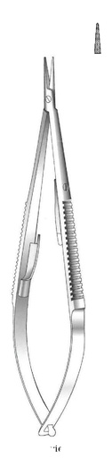 [IU-03432] Porta Agujas de Castroviejo con Cierre, Recta, Mandibulas Dentadas - Longitud de 13 cm