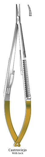 [IU-08753] Castroviejo Locking Needle Holder, curved, TC Gold - length = 13 cm / 5-1/4"