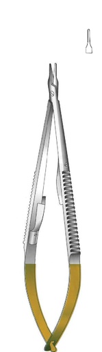 [IU-08762] Castroviejo Locking Needle Holder, Extra Delicate, Straight, TC Gold - Length = 13.5 cm / 5-1/2"