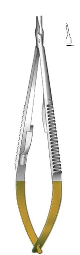 [IU-08763] Porta agujas Castroviejo con bloqueo, extra delicado, curva, TC Gold - Longitud = 13.5 cm / 5-1/2"