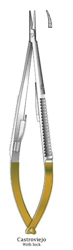 [IU-08754] Porta agujas Castroviejo con bloqueo, dentado, curva, TC Gold - longitud = 16 cm / 6-1/4"