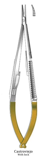 [IU-08755] Castroviejo Locking Needle Holder, serrated, curved, TC Gold - length = 20 cm / 8"