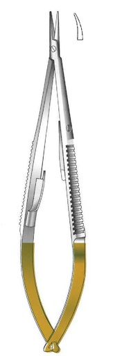 [IU-08747] Castroviejo Locking Needle Holder, smooth, curved tip, TC Gold - length = 20 cm / 8"