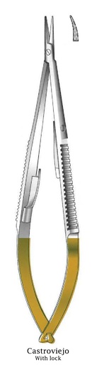 [IU-08756] Porta agujas Castroviejo con bloqueo, dentado, curva, TC Gold - longitud = 23 cm / 9"