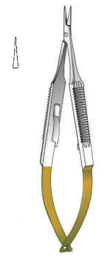 [IU-08797] Castroviejo Locking Needle Holder, Plain Point, Straight, TC Gold - length = 9 cm / 3-1/2"