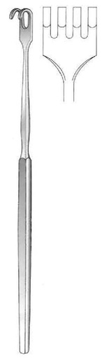 [IU-01171] Gancho retractor con mango plano, desafilado, 4 dientes