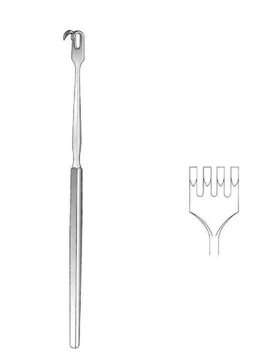 [IU-01167] Gancho retractor con mango plano, afilado, 4 dientes