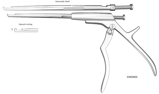 [IU-03547] Pinza para disco intervertebral, eje giratorio, corte hacia arriba, ancho = 1 mm - longitud del eje = 18 cm