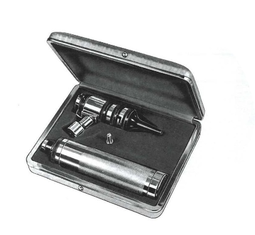 [IU-00024] Juego de otoscopio: compuesto por mango a batería (sin baterías), 3 espéculos para oído, 1 bombilla, en estuche forrado de terciopelo