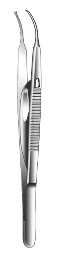 [IU-06395] Pinza para iris de Stevens con bloqueo, curva, dientes = 1:2 - longitud = 11 cm / 4-1/2"