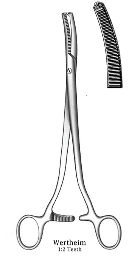 [IU-00863] Pinza para histerectomía de Wertheim con tornillo, dientes = 1:2, ligeramente curvados