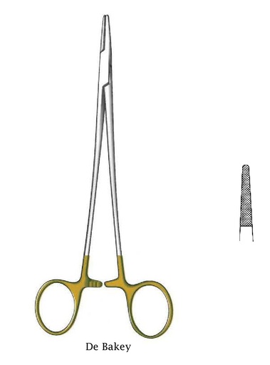 [IU-08644P] Porta agujas De Bakey premium, dentado = 0.4 mm, mini perfil, TC Gold - longitud = 26 cm / 10-1/4"