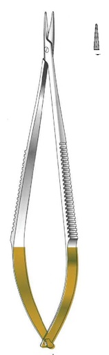 [IU-08760P] Castroviejo premium non-locking needle holder, serrated, straight, TC Gold - length = 13.5 cm / 5-1/2"