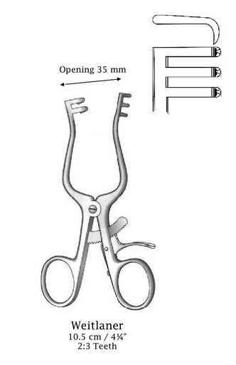 [IU-01364P] Retractor de Weitlaner premium, afilado, dientes de 2:3