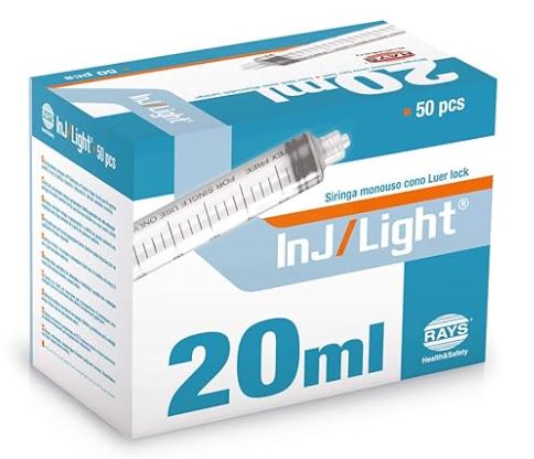 [IU-JSA-20ML] Jeringas Desechables sin Aguja 20 ml de Tres Cuerpos Cono Luer Central de Inj/Light - Caja de 50 Unidades