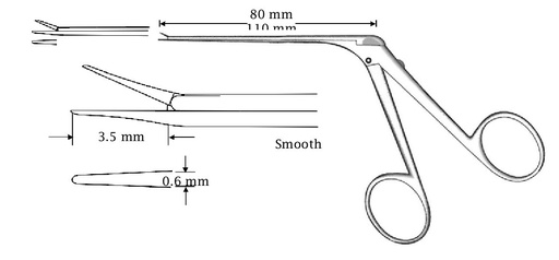 [IU-04481P] Mini-McGee micro ear forceps, straight, smooth - length = 80 mm . Mouth 3.5 mm x 0.6 mm.