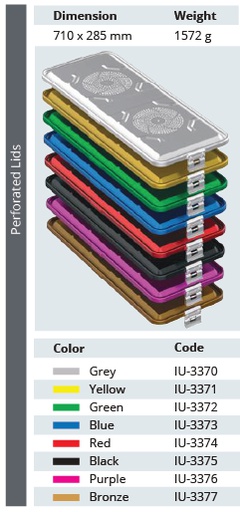 Taló llarg estàndard perforat i tapa del model per al contenidor d'esterilització - 710 x 285 mm