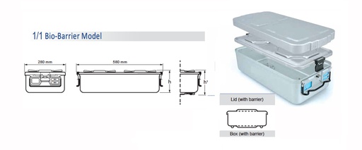 Container for sterilization of Biological Barrera 1/1 and lid with barrier - 600 x 285 x hm mm