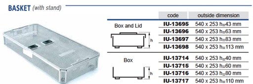 Perforated stainless steel sterilization basket with 1/1 - 546 x 259 x hm mm