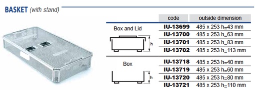 Perforated stainless steel sterilization basket with 1/1 - 491 x 259 x hm mm