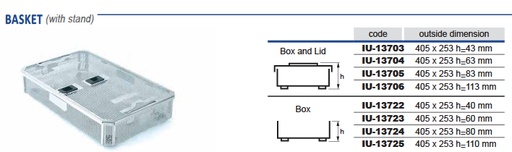 Perforated stainless steel sterilization basket with 3/4 - 411 x 259 x hm mm