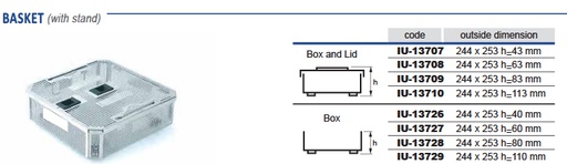 Perforated stainless steel sterilization basket with 1/2 - 250 x 259 x h mm