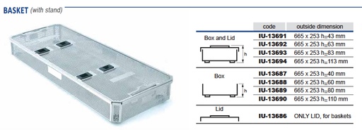 Perforated stainless steel sterilization basket for extra long model - 671 x 259 x h mm