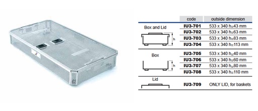 Cesta de Esterilización Perforada de Acero Inoxidable con Tapa para Modelo Extra Grande - 539 x 346 x H mm