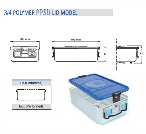 Contenedor para Esterilización Perforado de Modelo Estándar 3/4 y Tapa Perforada de Modelo PPSU - 465 x 280 x H mm