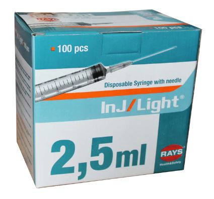 Jeringas Desechables de Tres Cuerpos Cono Luer Central con Aguja 23G 0,65x30 mm de Inj/Light - Caja de 100 Unidades