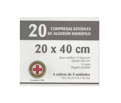 [IU-O322984] Gasas Estériles de Algodón Hidrófilo 17 Hilos 8 Capas de Gran Cruz 20 x 40 cm - Caja de 20 Compresas (4 Sobres de 5 Unidades)